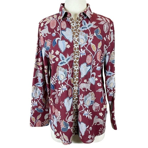Chicos No-Iron Floral & Cheetah Print Classic Button-Down Stretch Shirt Sz 12 - Picture 1 of 11